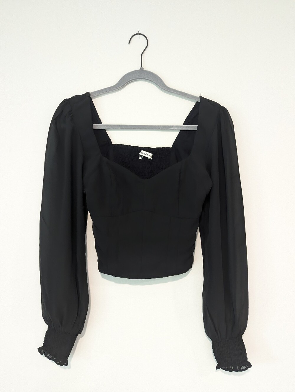 Abercrombie & Fitch Cropped Sheer Puffed Cuffed Long Sleeve Smocked Top